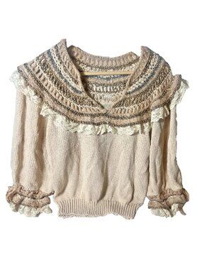 Ann Wi Vintage Knit Sweater  Lace Trim Sleeve Cottagecore Prairie Women’s Sz L